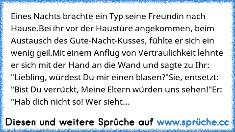 Eines Nachts brachte ein Typ seine Freundin nach Hause.
Bei ihr vor der Haustüre angekommen, beim Austausch des Gute-Nacht-Kusses, fühlte er sich ein wenig geil.
Mit einem Anflug von Vertraulichkeit lehnte er sich mit der Hand an die Wand und sagte zu Ihr: "Liebling, würdest Du mir einen blasen?"
Sie, entsetzt: "Bist Du verrückt, Meine Eltern würden uns sehen!"
Er: "Hab dich nicht so! Wer sieht...