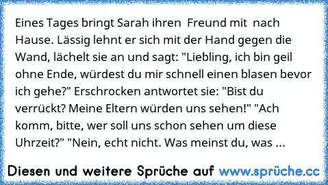 Eines Tages bringt Sarah ihren  Freund mit  nach Hause. Lässig lehnt er sich mit der Hand gegen die Wand, lächelt sie an und sagt: "Liebling, ich bin geil ohne Ende, würdest du mir schnell einen blasen bevor ich gehe?" Erschrocken antwortet sie: "Bist du verrückt? Meine Eltern würden uns sehen!" "Ach komm, bitte, wer soll uns schon sehen um diese Uhrzeit?" "Nein, echt nicht. Was meinst du, was pas...