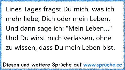 Eines Tages fragst Du mich, was ich mehr liebe, Dich oder mein Leben. Und dann sage ich: "Mein Leben..." Und Du wirst mich verlassen, ohne zu wissen, dass Du mein Leben bist.