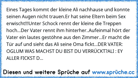 Eines Tages kommt der kleine Ali nachhause und konnte seinen Augen nicht trauen.
Er hat seine Eltern beim Sex erwischt!!!
Unter Schock rennt der kleine die Treppen hoch...
Der Vater rennt ihm hinterher..
Aufeinmal hört der Vater ein lautes gestöhne aus den Zimmer...
Er macht die Tür auf und sieht das Ali seine Oma fickt...
DER VATER: OGLUM WAS MACHST DU BIST DU VERRÜCKT?
ALI : EY ALLER FICKST D...