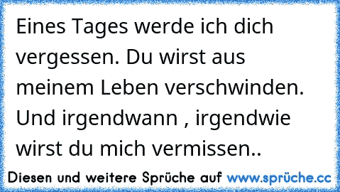 Eines Tages werde ich dich vergessen. Du wirst aus meinem Leben verschwinden. Und irgendwann , irgendwie wirst du mich vermissen..