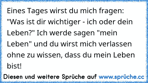 Eines Tages wirst du mich fragen: "Was ist dir wichtiger - ich oder dein Leben?" Ich werde sagen "mein Leben" und du wirst mich verlassen ohne zu wissen, dass du mein Leben bist!