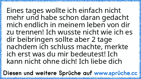 Eines tages wollte ich einfach nicht mehr und habe schon daran gedacht mich endlich in meinem leben von dir zu trennen! Ich wusste nicht wie ich es dir beibringen sollte aber 2 tage nachdem ich schluss machte, merkte ich erst was du mir bedeutest! Ich kann nicht ohne dich! Ich liebe dich ♥