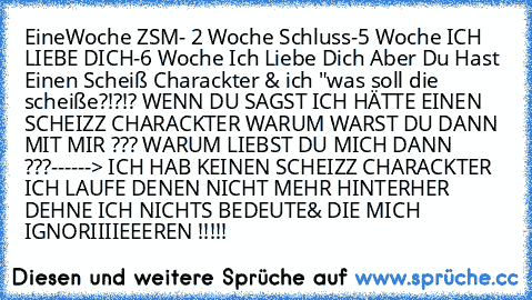 EineWoche ZSM
- 2 Woche Schluss
-5 Woche ICH LIEBE DICH
-6 Woche Ich Liebe Dich Aber Du Hast Einen Scheiß Charackter 
& ich "was soll die scheiße?!?!? WENN DU SAGST ICH HÄTTE EINEN SCHEIZZ CHARACKTER WARUM WARST DU DANN MIT MIR ??? WARUM LIEBST DU MICH DANN ???
------> ICH HAB KEINEN SCHEIZZ CHARACKTER ICH LAUFE DENEN NICHT MEHR HINTERHER DEHNE ICH NICHTS BEDEUTE& DIE MICH IGNORIIIIEEEREN !!!!!