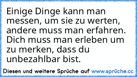 Einige Dinge kann man messen, um sie zu werten, andere muss man erfahren. Dich muss man erleben um zu merken, dass du unbezahlbar bist.