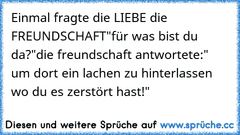 Einmal fragte die LIEBE die FREUNDSCHAFT
"für was bist du da?"
die freundschaft antwortete:
" um dort ein lachen zu hinterlassen wo du es zerstört hast!"