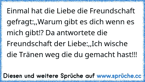 Einmal hat die Liebe die Freundschaft gefragt:,,Warum gibt es dich wenn es mich gibt!? Da antwortete die Freundschaft der Liebe:,,Ich wische die Tränen weg die du gemacht hast!!!