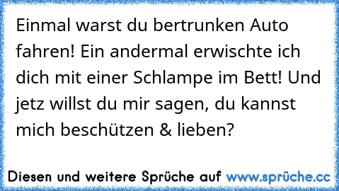 Einmal warst du bertrunken Auto fahren! Ein andermal erwischte ich dich mit einer Schlampe im Bett! Und jetz willst du mir sagen, du kannst mich beschützen & lieben?