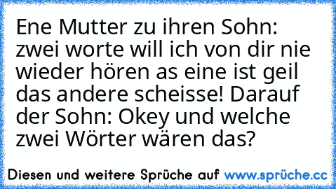 Ene Mutter zu ihren Sohn: zwei worte will ich von dir nie wieder hören as eine ist geil das andere scheisse! Darauf der Sohn: Okey und welche zwei Wörter wären das?