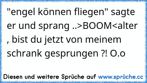 "engel können fliegen" sagte er und sprang ..
>BOOM<
alter , bist du jetzt von meinem schrank gesprungen ?! O.o