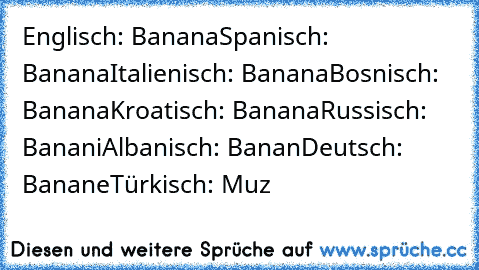 Englisch: Banana
Spanisch: Banana
Italienisch: Banana
Bosnisch: Banana
Kroatisch: Banana
Russisch: Banani
Albanisch: Banan
Deutsch: Banane
Türkisch: Muz