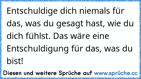 Entschuldige dich niemals für das, was du gesagt hast, wie du dich fühlst. Das wäre eine Entschuldigung für das, was du bist!