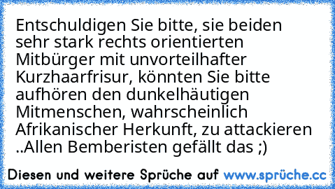 Entschuldigen Sie bitte, sie beiden sehr stark rechts orientierten Mitbürger mit unvorteilhafter Kurzhaarfrisur, könnten Sie bitte aufhören den dunkelhäutigen Mitmenschen, wahrscheinlich Afrikanischer Herkunft, zu attackieren ..
Allen Bemberisten gefällt das ;)