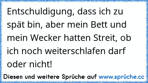 Entschuldigung, dass ich zu spät bin, aber mein Bett und mein Wecker hatten Streit, ob ich noch weiterschlafen darf oder nicht!