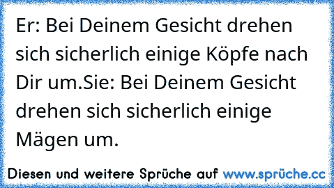 Er: Bei Deinem Gesicht drehen sich sicherlich einige Köpfe nach Dir um.
Sie: Bei Deinem Gesicht drehen sich sicherlich einige Mägen um.