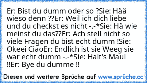 Er: Bist du dumm oder so ?
Sie: Hää wieso denn ??
Er: Weil ich dich liebe und du checkst es nicht -.-*
Sie: Hä wie meinst du das??
Er: Ach stell nicht so viele Fragen du bist echt dumm !
Sie: Okeei Ciao
Er: Endlich ist sie Weeg sie war echt dumm -.-*
Sie: Halt's Maul !!
Er: Bye du dumme !!