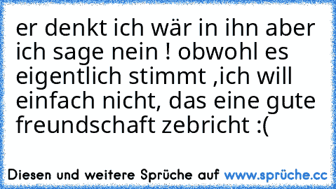 er denkt ich wär in ihn aber ich sage nein ! obwohl es eigentlich stimmt ,ich will einfach nicht, das eine gute freundschaft zebricht ♥:(