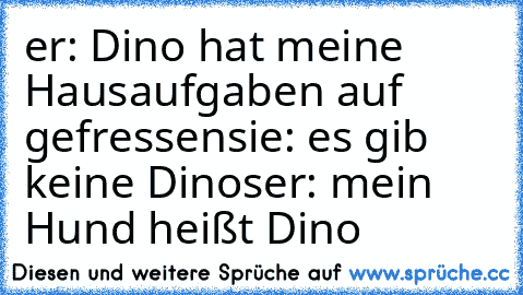 er: Dino hat meine Hausaufgaben auf gefressen
sie: es gib keine Dinos
er: mein Hund heißt Dino