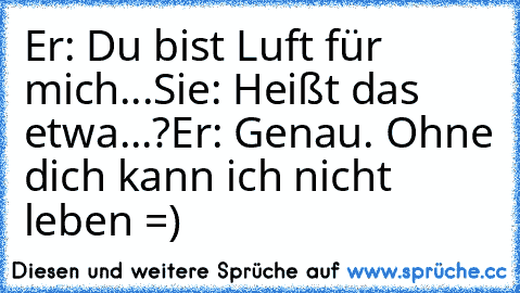 Er: Du bist Luft für mich...
Sie: Heißt das etwa...?
Er: Genau. Ohne dich kann ich nicht leben =)