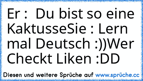 Er :  Du bist so eine Kaktusse
Sie : Lern mal Deutsch :))
Wer Checkt Liken :DD♥