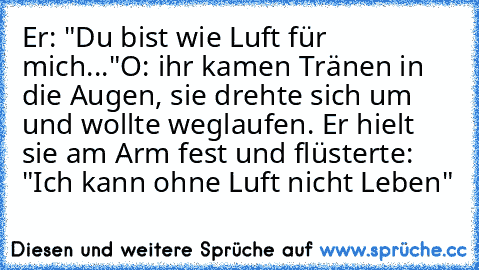 Er: "Du bist wie Luft für mich...♥"
O: ihr kamen Tränen in die Augen, sie drehte sich um und wollte weglaufen. Er hielt sie am Arm fest und flüsterte: "Ich kann ohne Luft nicht Leben"
♥ ♥