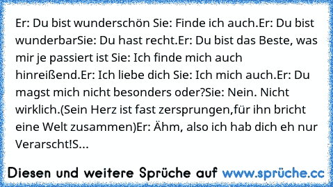 Er: Du bist wunderschön ♥
Sie: Finde ich auch.
Er: Du bist wunderbar♥
Sie: Du hast recht.
Er: Du bist das Beste, was mir je passiert ist ♥
Sie: Ich finde mich auch hinreißend.
Er: Ich liebe dich ♥
Sie: Ich mich auch.
Er: Du magst mich nicht besonders oder?
Sie: Nein. Nicht wirklich.
(Sein Herz ist fast zersprungen,für ihn bricht eine Welt zusammen)
Er: Ähm, also ich hab dich eh nur Verarscht!
S...