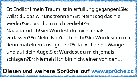 Er: Endlich! mein Traum ist in erfüllung gegangen!
Sie: Willst du das wir uns trennen?
Er: Nein! sag das nie wieder!
Sie: bist du in mich verliebt?
Er: Naaaaatürlich!
Sie: Würdest du mich jemals verlassen?
Er: Nein! Natürlich nicht!
Sie: Würdest du mir denn mal einen kuss geben?
Er:Ja. Auf deine Wange und auf dein Auge.
Sie: Würdest du mich jemals schlagen?
Er: Niemals! ich bin nicht einer von ...