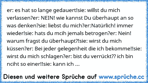 er: es hat so lange gedauert!
sie: willst du mich verlassen?
er: NEIN! wie kannst Du überhaupt an so was denken?
sie: liebst du mich?
er:Natürlich! immer wieder!
sie: hats du mcih jemals betrogen?
er: Nein! warum fragst du überhaupt?!
sie: wirst du mich küssen?
er: Bei jeder gelegenheit die ich bekomme!!
sie: wirst du mich schlagen?
er: bist du verrückt?? ich bin nciht so einer!!
sie: kann ich dir...