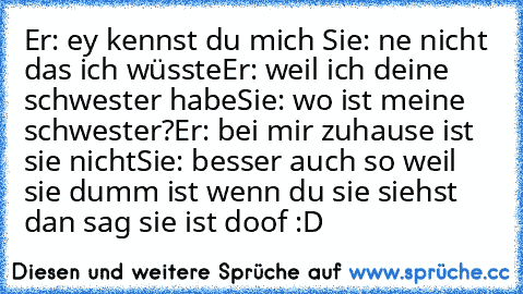 Er: ey kennst du mich 
Sie: ne nicht das ich wüsste
Er: weil ich deine schwester habe
Sie: wo ist meine schwester?
Er: bei mir zuhause ist sie nicht
Sie: besser auch so weil sie dumm ist wenn du sie siehst dan sag sie ist doof :D