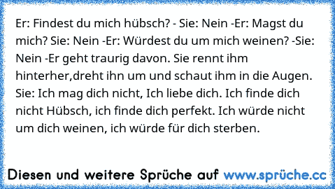 Er: Findest du mich hübsch? - Sie: Nein -Er: Magst du mich? Sie: Nein -Er: Würdest du um mich weinen? -Sie: Nein -Er geht traurig davon. Sie rennt ihm hinterher,dreht ihn um und schaut ihm in die Augen. Sie: Ich mag dich nicht, Ich liebe dich. Ich finde dich nicht Hübsch, ich finde dich perfekt. Ich würde nicht um dich weinen, ich würde für dich sterben.