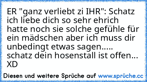 ER "ganz verliebt zi IHR": Schatz ich liebe dich so sehr ehrich hatte noch sie solche gefühle für ein mädschen aber ich muss dir unbedingt etwas sagen..... schatz dein hosenstall ist offen... XD