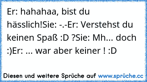 Er: hahahaa, bist du hässlich!
Sie: -.-
Er: Verstehst du keinen Spaß :D ?
Sie: Mh... doch :)
Er: ... war aber keiner ! :D