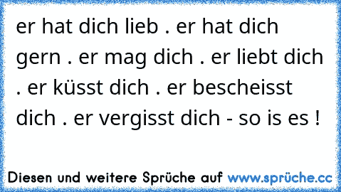 er hat dich lieb . er hat dich gern . er mag dich . er liebt dich . er küsst dich . er bescheisst dich . er vergisst dich - so is es !