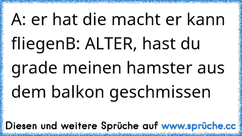 A: er hat die macht er kann fliegen
B: ALTER, hast du grade meinen hamster aus dem balkon geschmissen