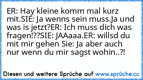 ER: Hay kleine komm mal kurz mit.
SIE: Ja wenns sein muss.
Ja und was is jetzt?
ER: Ich muss dich was fragen!??
SIE: JAAaaa.
ER: willsd du mit mir gehen ♥
Sie: Ja aber auch nur wenn du mir sagst wohin..?!