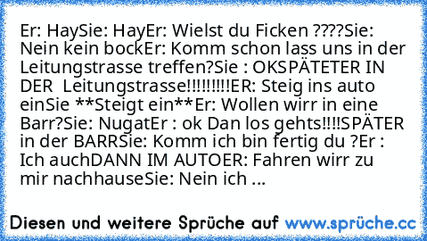 Er: Hay
Sie: Hay
Er: Wielst du Ficken ????
Sie: Nein kein bock
Er: Komm schon lass uns in der Leitungstrasse treffen?
Sie : OK
SPÄTETER IN DER  Leitungstrasse!!!!!!!!!
ER: Steig ins auto ein
Sie **Steigt ein**
Er: Wollen wirr in eine Barr?
Sie: Nugat
Er : ok Dan los gehts!!!!
SPÄTER in der BARR
Sie: Komm ich bin fertig du ?
Er : Ich auch
DANN IM AUTO
ER: Fahren wirr zu mir nachhause
Sie: Nein ich ...