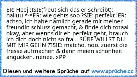 ER: Heej :)
SIE(freut sich das er schreibt): halluu *-*
ER: wie gehts soo ?
SIE: perfekt !
ER: achso, ich habe nämlich gerade mit meiner freundin schluss gemacht, & finde dich totaal okay, aber wenns dir eh perfekt geht, brauch ich dich doch nicht so fra... SÜßE WILLST DU MIT MIR GEHN ??
SIE: matcho, nöö. zuerst die fresse aufmachen & dann meien schönheit angucken. nenee. 
xPP