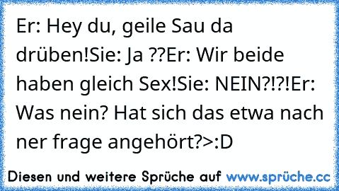 Er: Hey du, geile Sau da drüben!
Sie: Ja ??
Er: Wir beide haben gleich Sex!
Sie: NEIN?!?!
Er: Was nein? Hat sich das etwa nach ner frage angehört?
>:D