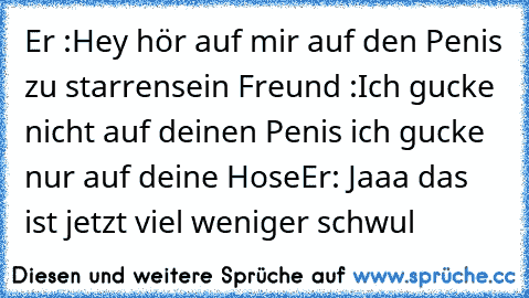 Er :Hey hör auf mir auf den Penis zu starren
sein Freund :Ich gucke nicht auf deinen Penis ich gucke nur auf deine Hose
Er: Jaaa das ist jetzt viel weniger schwul