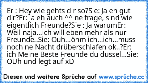 Er : Hey wie gehts dir so?
Sie: Ja eh gut dir?
Er: ja eh auch ^^ ne frage, sind wie eigentlich Freunde?
Sie : Ja warum
Er: Weil naja...ich will eben mehr als nur Freunde..
Sie: Ouh...öhm ich...ich...muss noch ne Nacht drüberschlafen ok..?
Er: ich Meine Beste Freunde du dussel...
Sie: OUh und legt auf xD