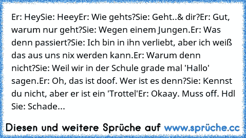 Er: Hey
Sie: Heey
Er: Wie gehts?
Sie: Geht..& dir?
Er: Gut, warum nur geht?
Sie: Wegen einem Jungen.
Er: Was denn passiert?
Sie: Ich bin in ihn verliebt, aber ich weiß das aus uns nix werden kann.
Er: Warum denn nicht?
Sie: Weil wir in der Schule grade mal 'Hallo' sagen.
Er: Oh, das ist doof. Wer ist es denn?
Sie: Kennst du nicht, aber er ist ein 'Trottel'
Er: Okaay. Muss off. Hdl ♥
Sie: Schade...