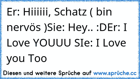 Er: Hiiiiii, Schatz ( bin nervös )
Sie: Hey.. :D
Er: I Love YOUUU ♥
SIe: I Love you Too ♥ ♥