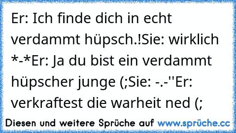 Er: Ich finde dich in echt verdammt hüpsch.!
Sie: wirklich *-*
Er: Ja du bist ein verdammt hüpscher junge (;
Sie: -.-''
Er: verkraftest die warheit ned (;