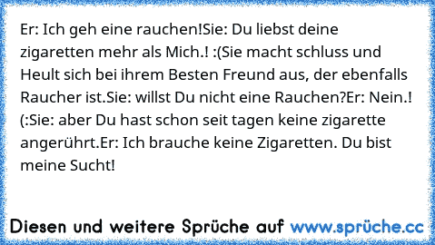 Er: Ich geh eine rauchen!
Sie: Du liebst deine zigaretten mehr als Mich.! :(
Sie macht schluss und Heult sich bei ihrem Besten Freund aus, der ebenfalls Raucher ist.
Sie: willst Du nicht eine Rauchen?
Er: Nein.! (:
Sie: aber Du hast schon seit tagen keine zigarette angerührt.
Er: Ich brauche keine Zigaretten. Du bist meine Sucht! ♥