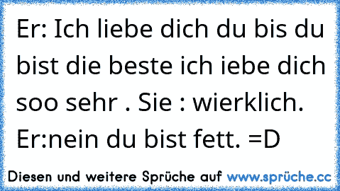 Er: Ich liebe dich du bis du bist die beste ich iebe dich soo sehr . Sie : wierklich. Er:nein du bist fett. =D