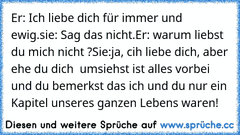 Er: Ich liebe dich für immer und ewig.
sie: Sag das nicht.
Er: warum liebst du mich nicht ?
Sie:ja, cih liebe dich, aber ehe du dich  umsiehst ist alles vorbei und du bemerkst das ich und du nur ein Kapitel unseres ganzen Lebens waren!