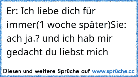 Er: Ich liebe dich für immer♥
(1 woche später)
Sie: ach ja.? und ich hab mir gedacht du liebst mich