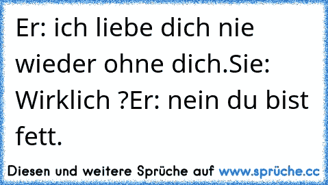 Er: ich liebe dich nie wieder ohne dich.
Sie: Wirklich ?
Er: nein du bist fett.