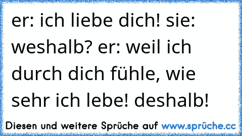 er: ich liebe dich! sie: weshalb? er: weil ich durch dich fühle, wie sehr ich lebe! deshalb!