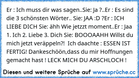 Er : Ich muss dir was sagen..
Sie: Ja ?..
Er : Es sind die 3 schönsten Wörter.. ♥
Sie: JAA :D ?
Er : ICH LIEBE DICH ♥
Sie: ähh Wie jetzzt moment..
Er : Jaa 1. Ich 2. Liebe 3. Dich ♥
Sie: BOOOAAHH Willst du mich jetzt veräppeln?!  Ich daachte : ESSEN IST FERTIG! Dankeschöön,dass du mir Hoffnungen gemacht hast ! LECK MICH DU ARSCHLOCH !